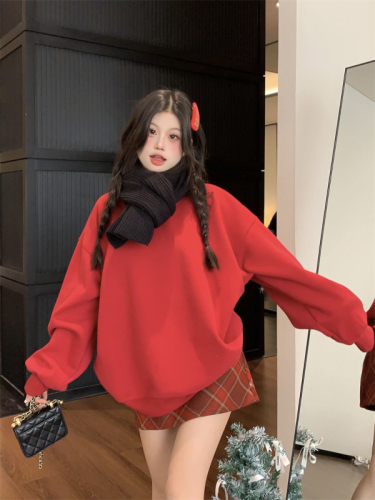 Real shot!  Korean autumn silhouette retro loose and versatile fleece sweatshirt + high-end versatile scarf