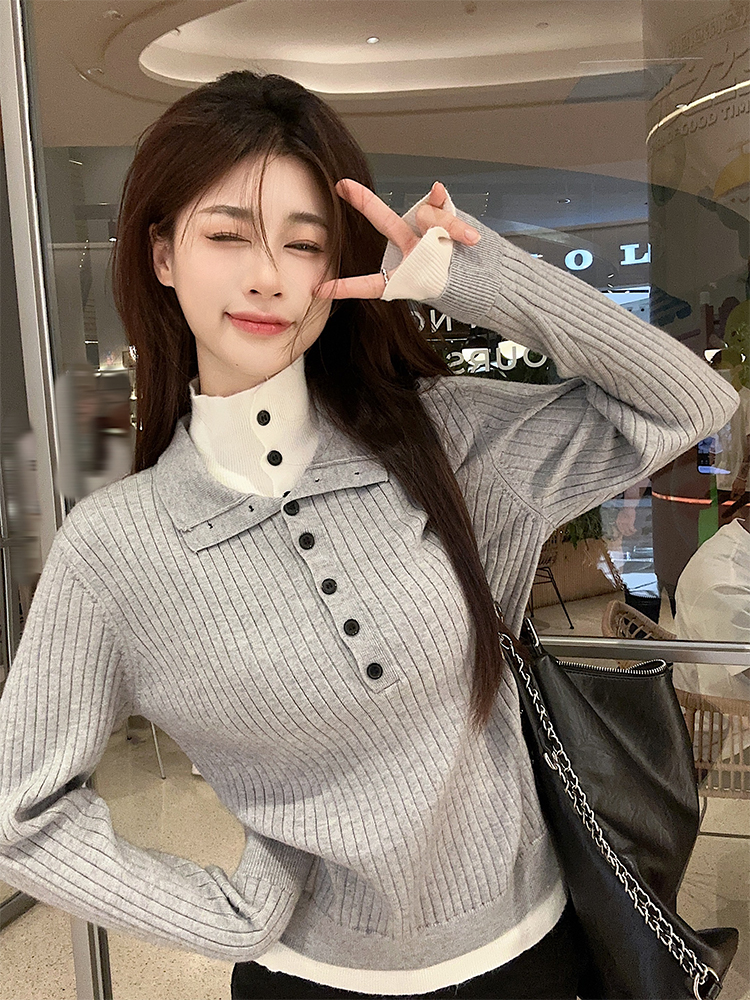Actual shot of autumn and winter Korean chic simple two-piece set with contrasting color single-breasted sweater base
