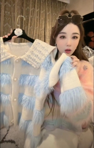 Light luxury and high-end heavy-duty beaded doll collar mink fur splicing sweater jacket for women contrasting color knitted cardigan top