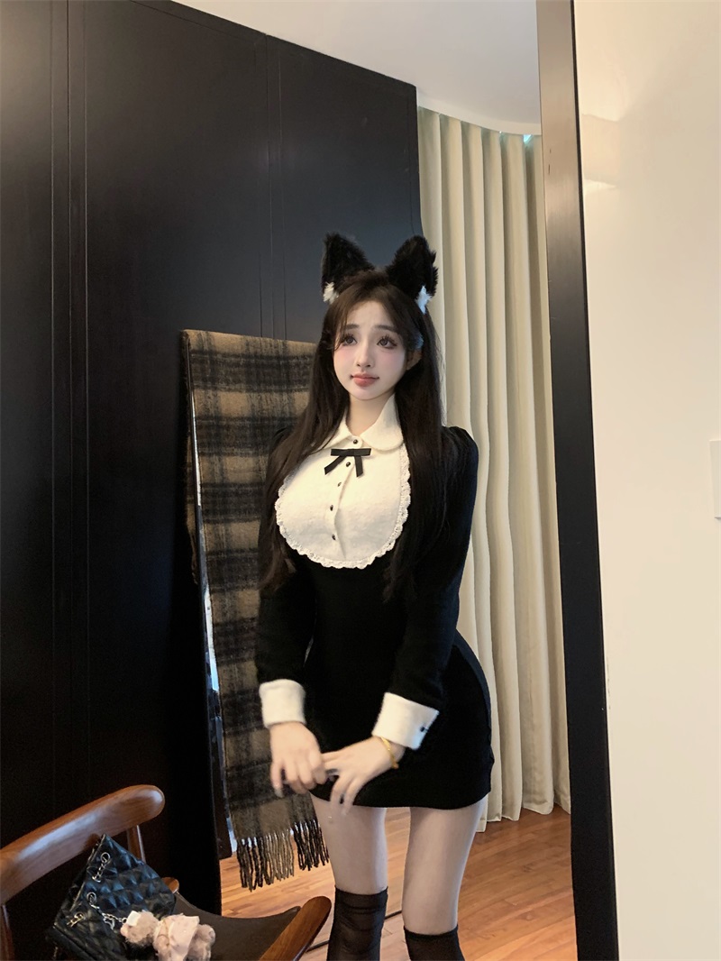 實拍萬聖小兔/秋冬黑色包臀裙短款顯瘦蕾絲連衣裙