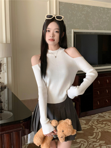 Actual shot of versatile off-shoulder knitwear for girls, women's 2023 small autumn and winter slim-fitting bottoming tops