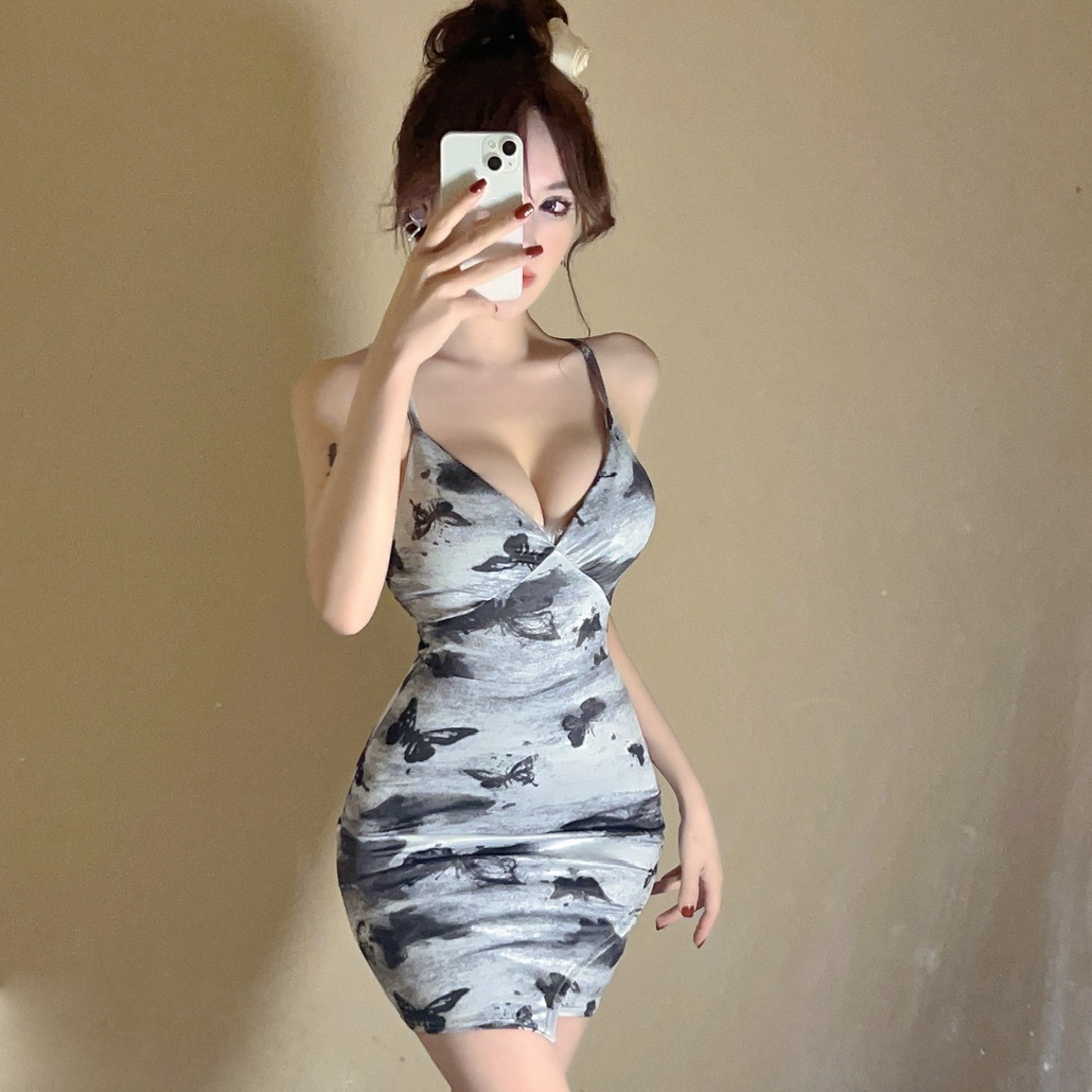 Real shot of large size stretch mesh sexy printed low-cut bottoming hip mini skirt nightclub dress