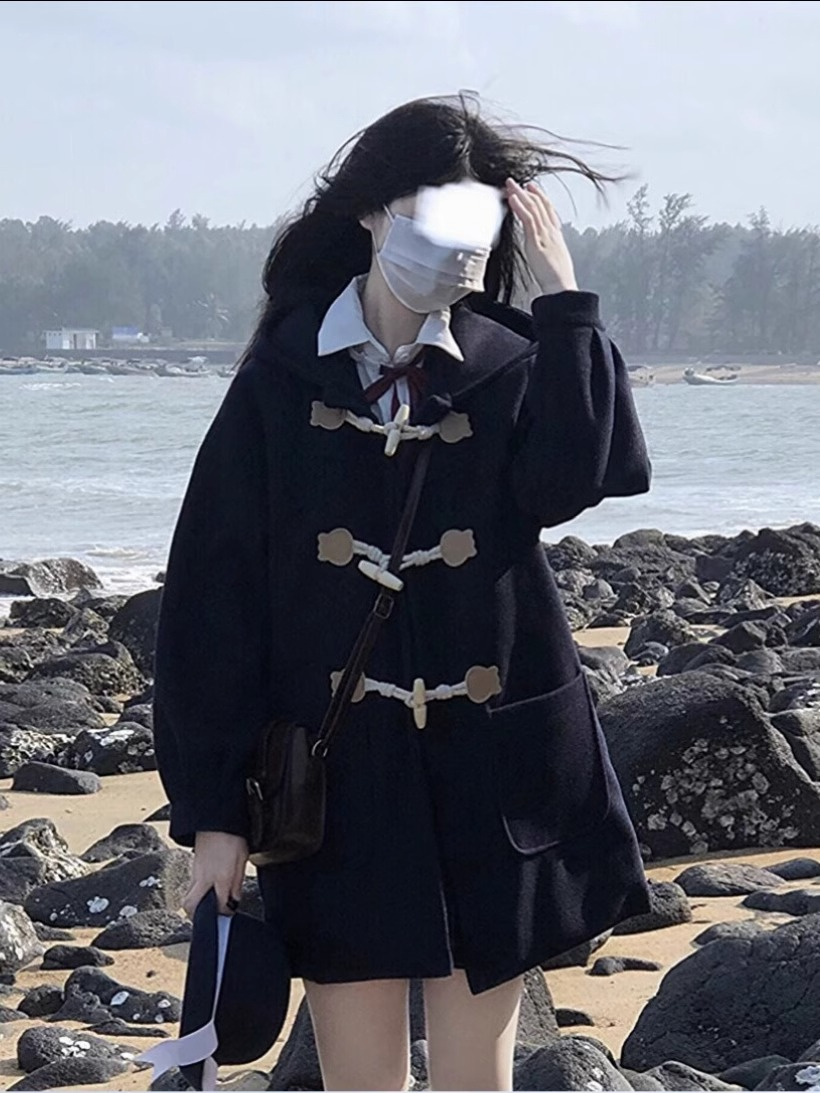 雙帽外套女冬季小個子學院風加厚中長款牛角扣毛呢大衣女連帽