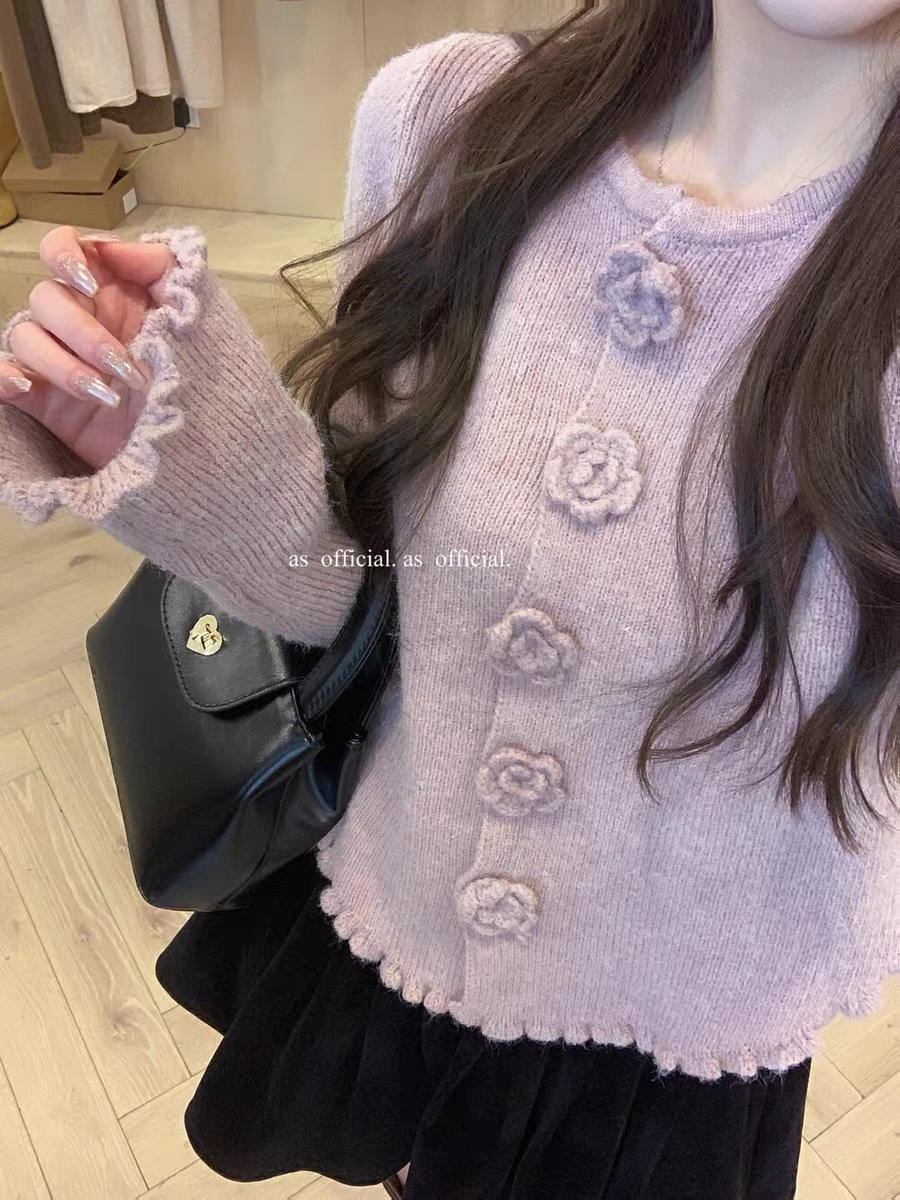 2023 Autumn and Winter Korean style three-dimensional flower button irregular hem design short curled long-sleeved sweater top