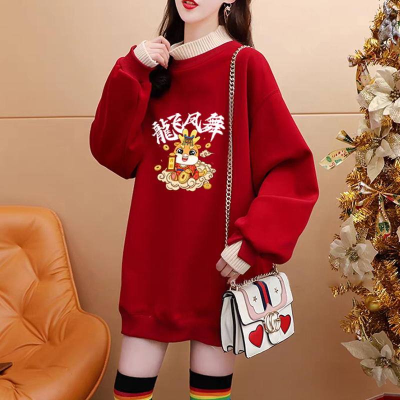 Pure cotton composite super soft autumn and winter super fire dragon print fake two-piece half turtleneck plus velvet sweatshirt for women