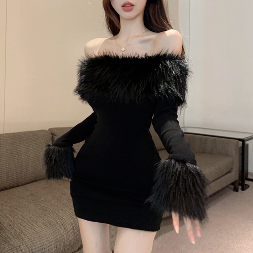 Real shot!  Autumn and winter hot girl fur collar one-shoulder dress for women with sexy slimming hip skirt 2382