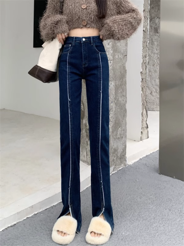 Actual shot of  Korean style autumn and winter new high-waisted slim-fit slit spliced ​​straight jeans