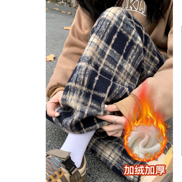 Blue woolen plaid pants for women in autumn and winter, plus velvet, thickened, high-waisted, slim, casual, straight-leg wide-leg pants for small people