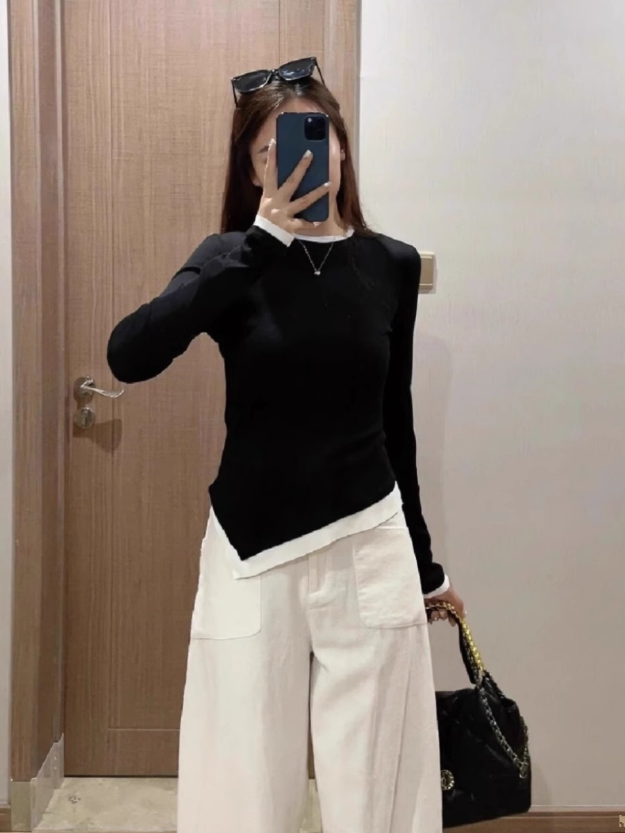 LEIYU不對稱設計感假兩件打底衫女冬2023新款歐美ins緊身開叉上衣