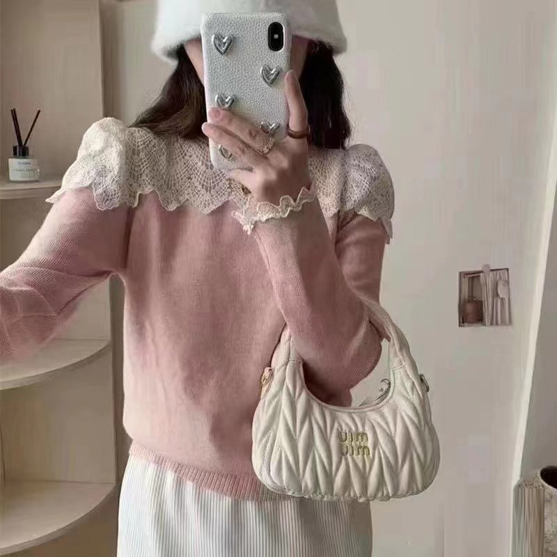 Lace splicing sweater for women autumn 2023 new sweet design slimming inner long-sleeved bottoming