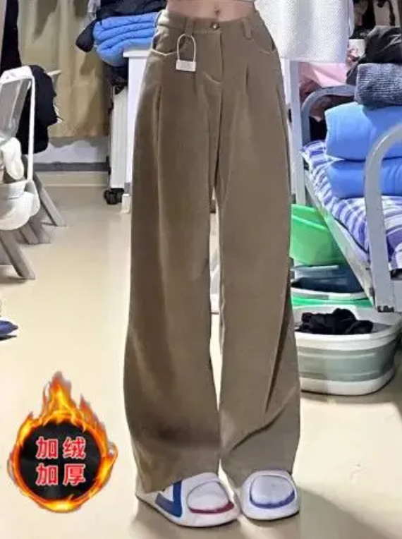400克超細歐棉絨包邊腰頭闊腿褲女高秋冬加絨加厚西裝褲
