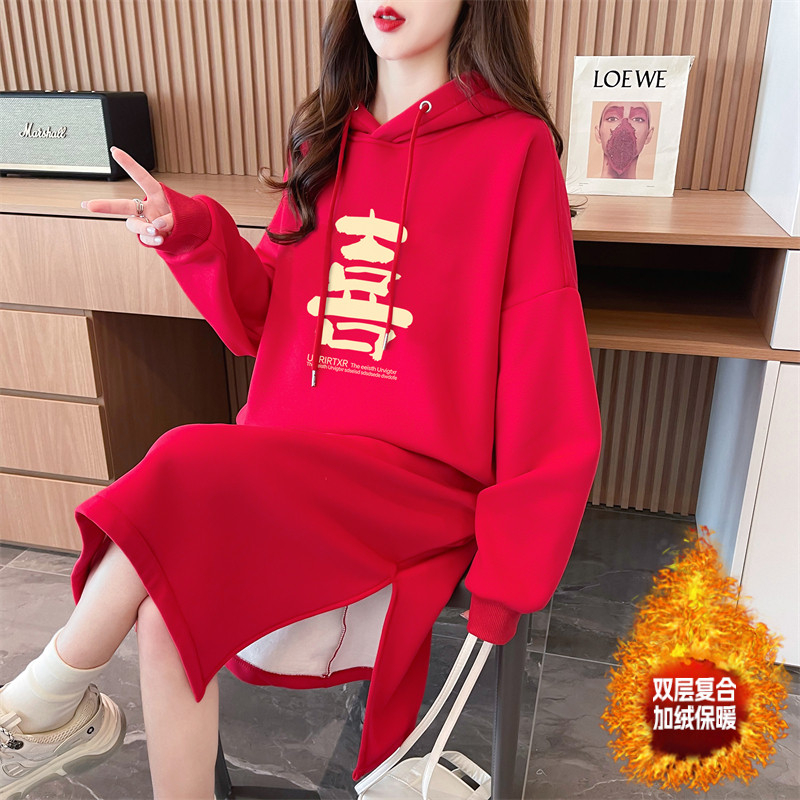 Actual shot of autumn and winter Korean style loose Chinese cotton composite 400g hooded printed over-the-knee dress plus velvet sweatshirt for women