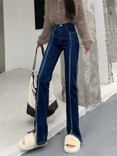 Actual shot of  Korean style autumn and winter new high-waisted slim-fit slit spliced ​​straight jeans