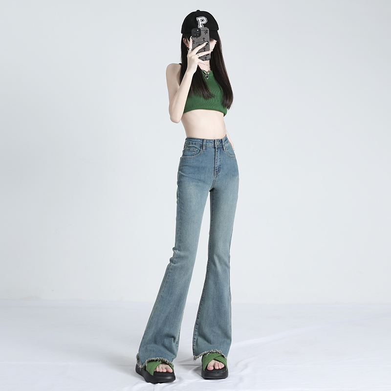 Micro-flared raw edge slim floor-length micro-flare jeans Nostalgic blue & black gray & black XS-XXL