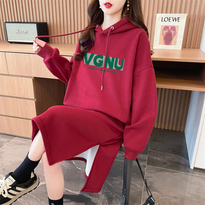 Actual shot of autumn and winter Korean style loose Chinese cotton composite 400g hooded printed over-the-knee dress plus velvet sweatshirt for women