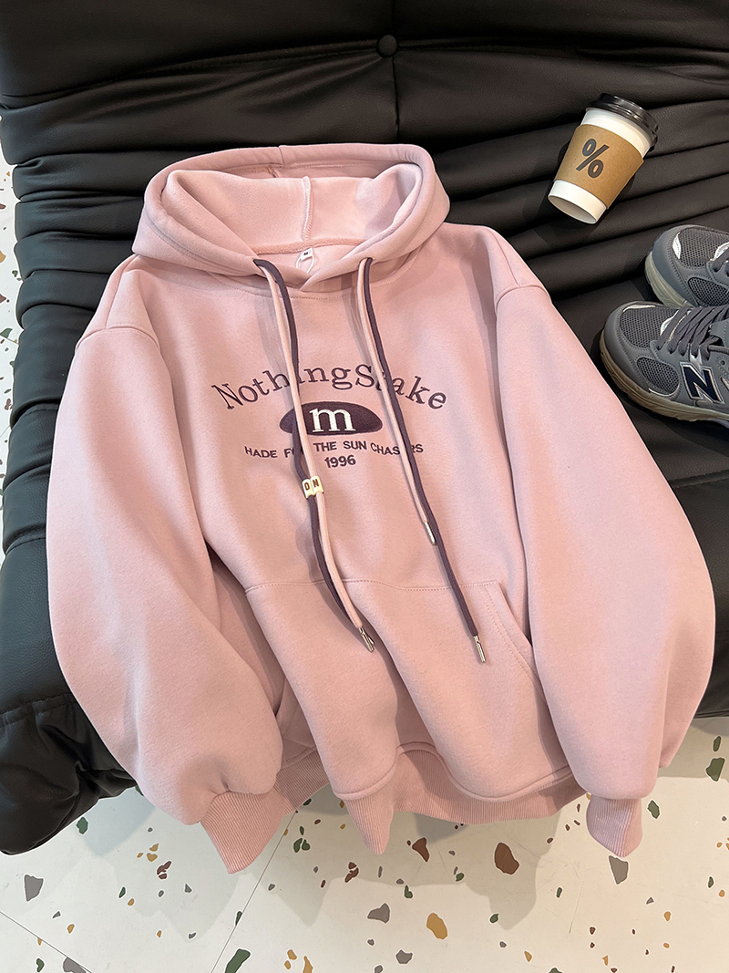 Actual shot of winter Korean style loose Chinese cotton composite hooded hooded love embroidered large size velvet sweatshirt for women