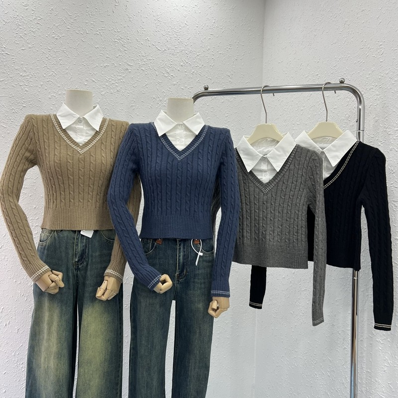 Autumn 2023 new style college style twist stitching shirt collar fake two-piece sweater jacket trendy