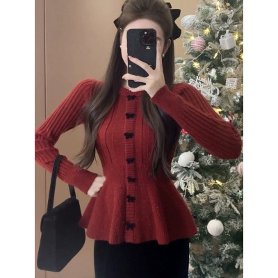 Christmas and New Year red small skirt knitted sweater for women, autumn and winter long-sleeved knitted slimming, shiny, slim-fitting knitted sweater for women