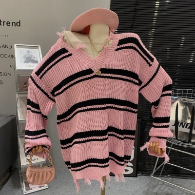 Korea Dongdaemun Vitality Girl Autumn and Winter Korean Chic Simple Striped Cut Design Sweater