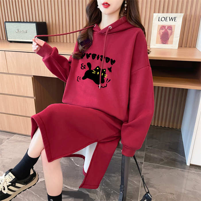 實拍 秋冬韓版寬鬆華棉複合400克連帽印花過膝連衣裙加絨衛衣女