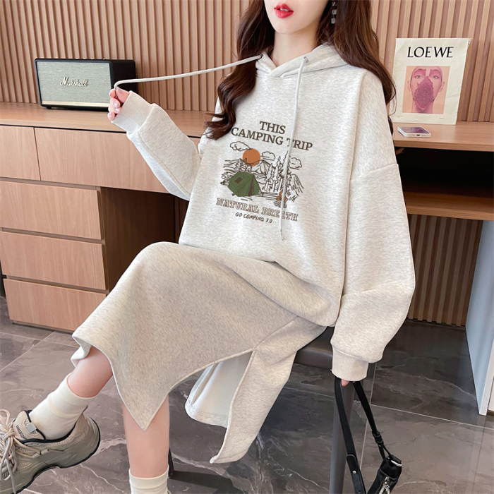 Actual shot of autumn and winter Korean style loose Chinese cotton composite 400g hooded printed over-the-knee dress plus velvet sweatshirt for women