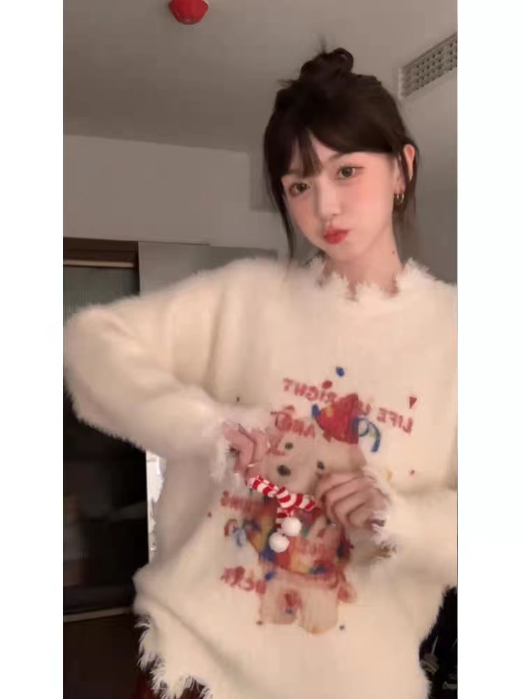 2024 Autumn and Winter Korean New Christmas Puppy Sweater Three-dimensional Bow Design Hem Destroyed Sweater