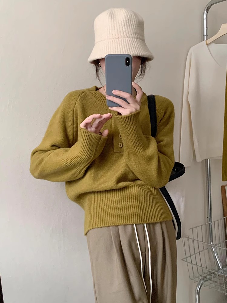 寬鬆圓領套頭毛衣女韓版秋冬新款百搭溫柔氣質長袖短款打底針織衫