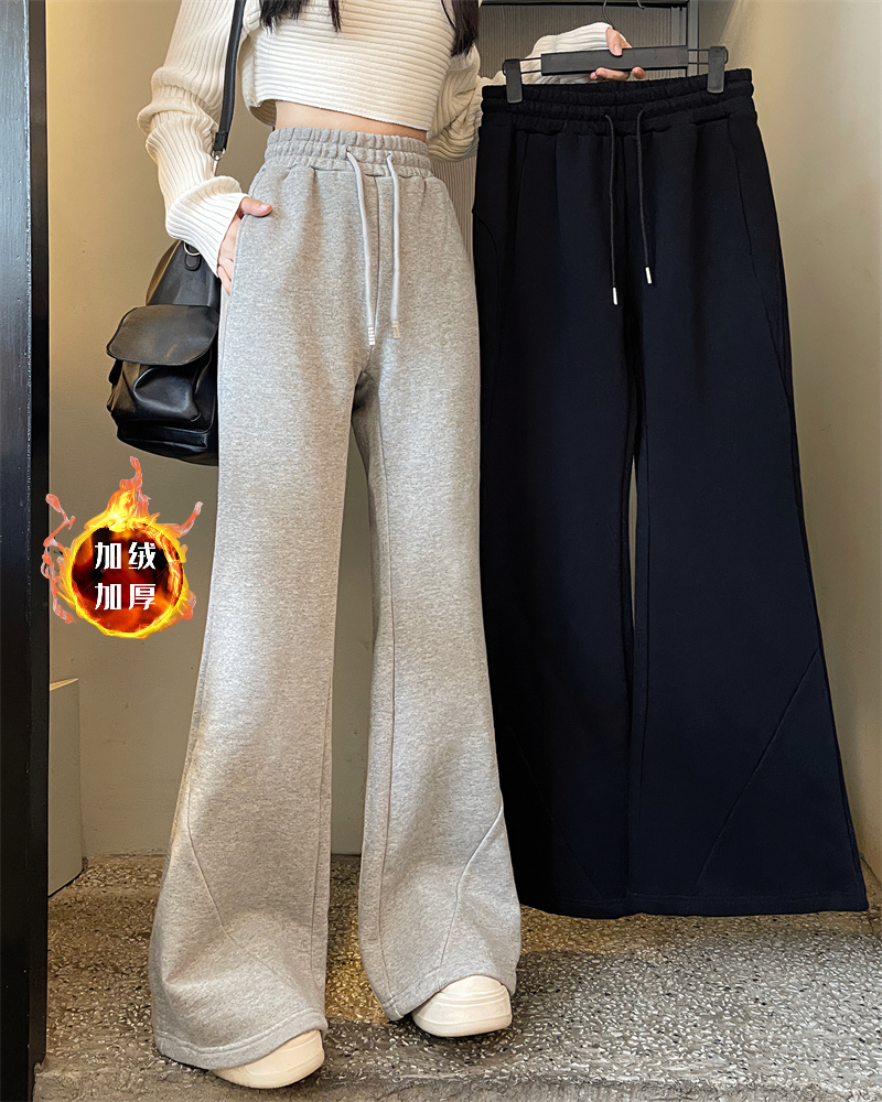 Real shot 2024 autumn and winter new Korean version 320g one-piece velvet plus velvet versatile loose wide-leg flared pants for women