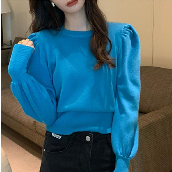 2023 Puff Sleeve Knitted Bottoming Shirt Women's Autumn and Winter Design Niche Long Sleeve Sweater Western Style Slim Fit Top