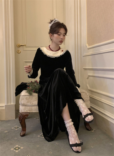 Real shot ~ Full of vitality, thick, contrasting velvet dress, Korean winter style long-sleeved skirt