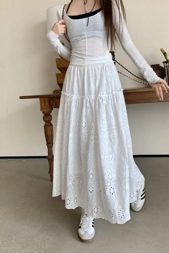 Actual shot ~ 2024 new Korean style design embroidered hollow cotton large hem mid-length skirt for women trendy