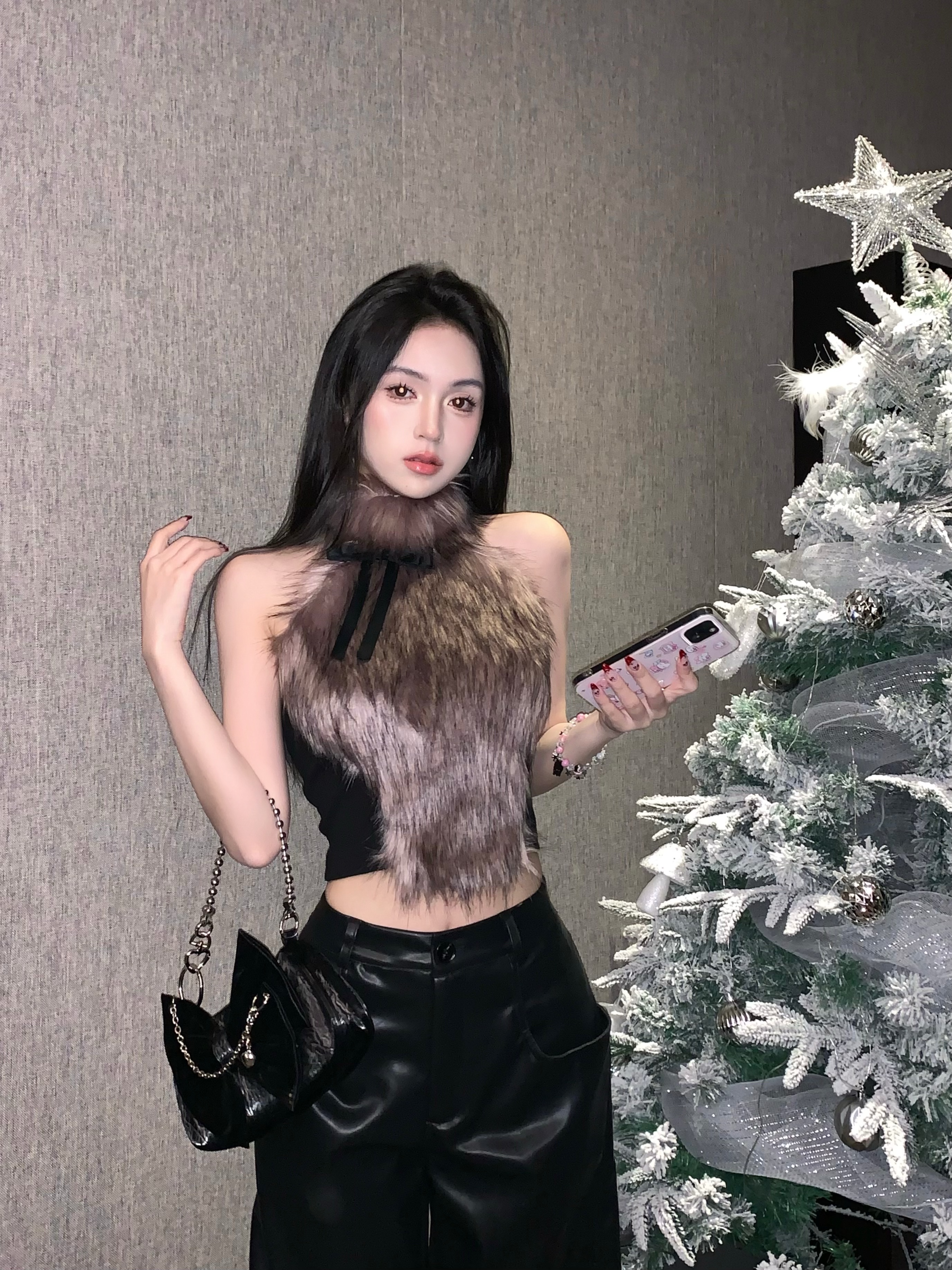 Actual shot of the wild butterfly design niche bow furry camisole worn as a plush top