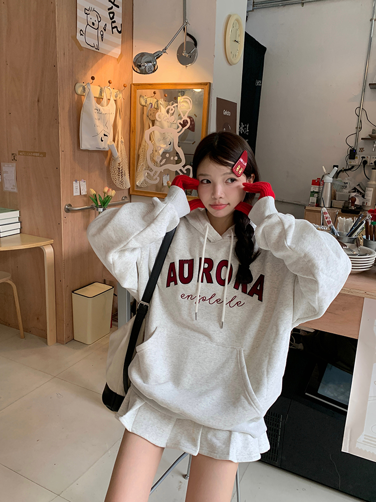 Real shot of Vitality Girl~Autumn and winter Korean chic simple letter embroidered plus velvet warm hooded sweatshirt suit