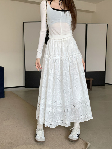 Actual shot ~ 2024 new Korean style design embroidered hollow cotton large hem mid-length skirt for women trendy