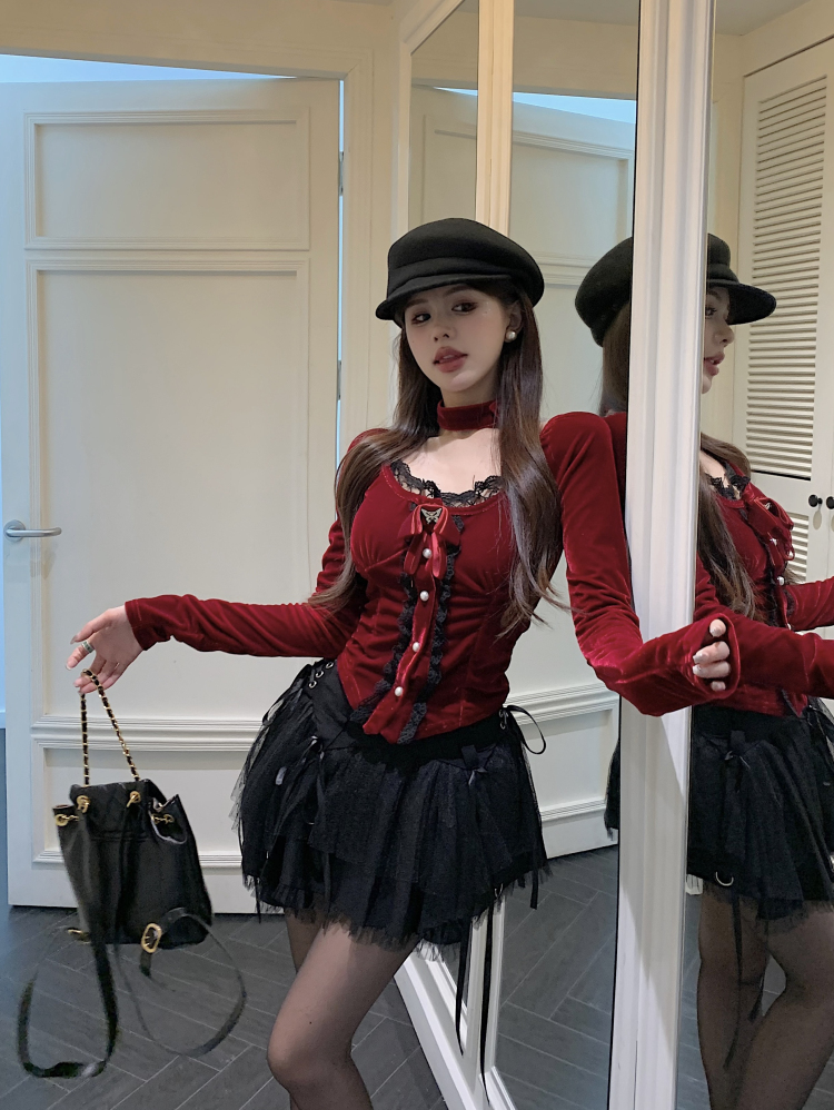 實拍紅色聖誕戰衣法式絲絨襯衫女冬設計感小香風襯衣甜辣上衣