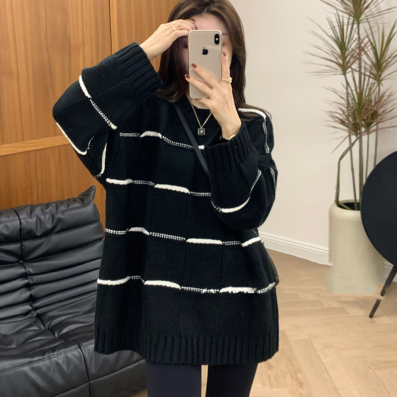 Round neck striped long-sleeved sweater with bottoming top for women autumn and winter 2023 new mid-length pullover sweater