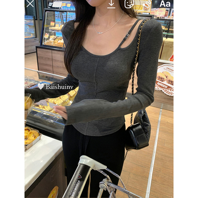 白水女日常輕芭蕾~u領修身內搭打底衫女秋設計感長袖上衣