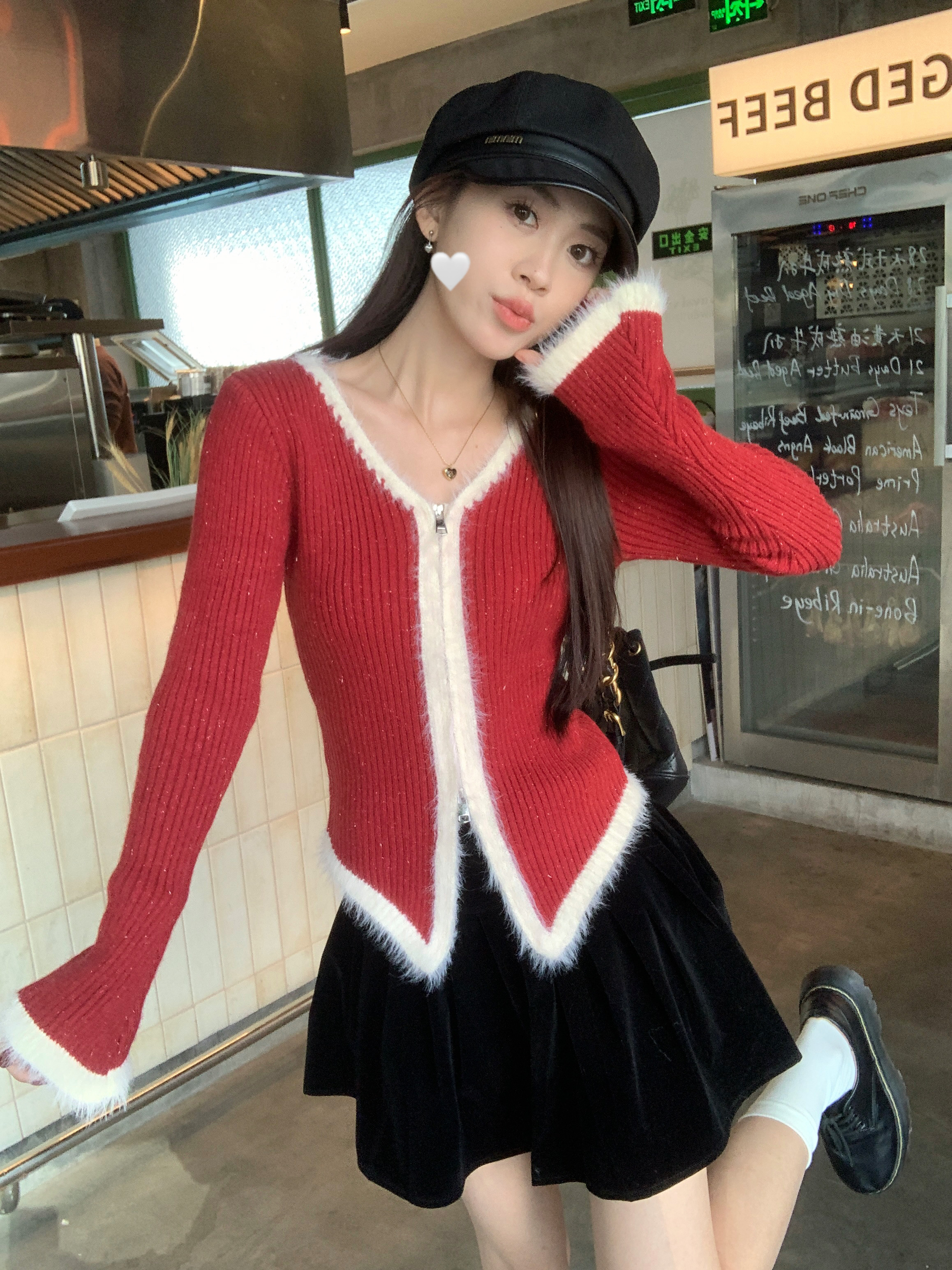 實拍秋冬聖誕穿搭紅色氛圍感針織開衫女修身毛衣外套短款上衣