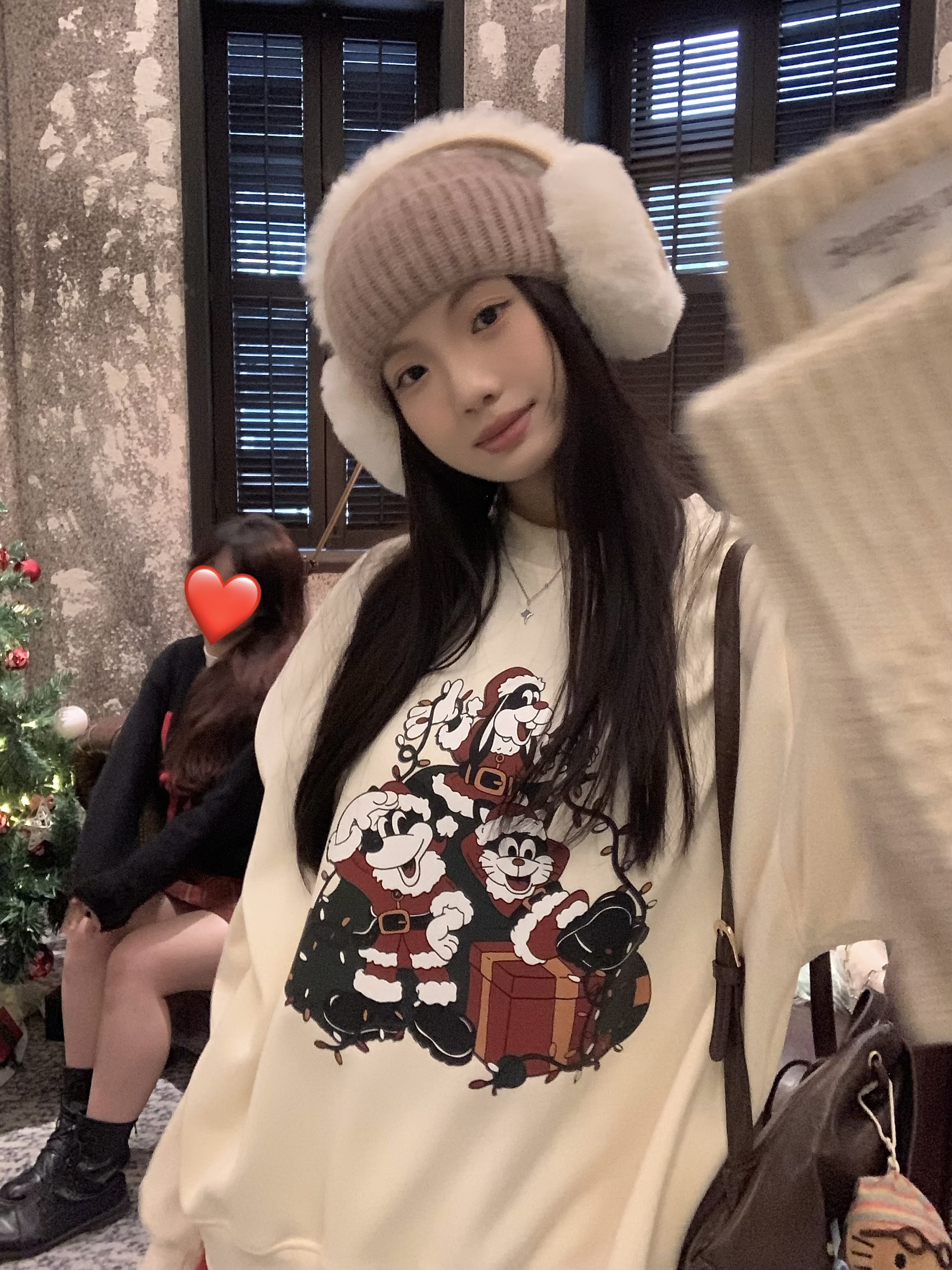 Real shot~original Christmas gift round neck printed plus velvet silver fox velvet loose sweatshirt