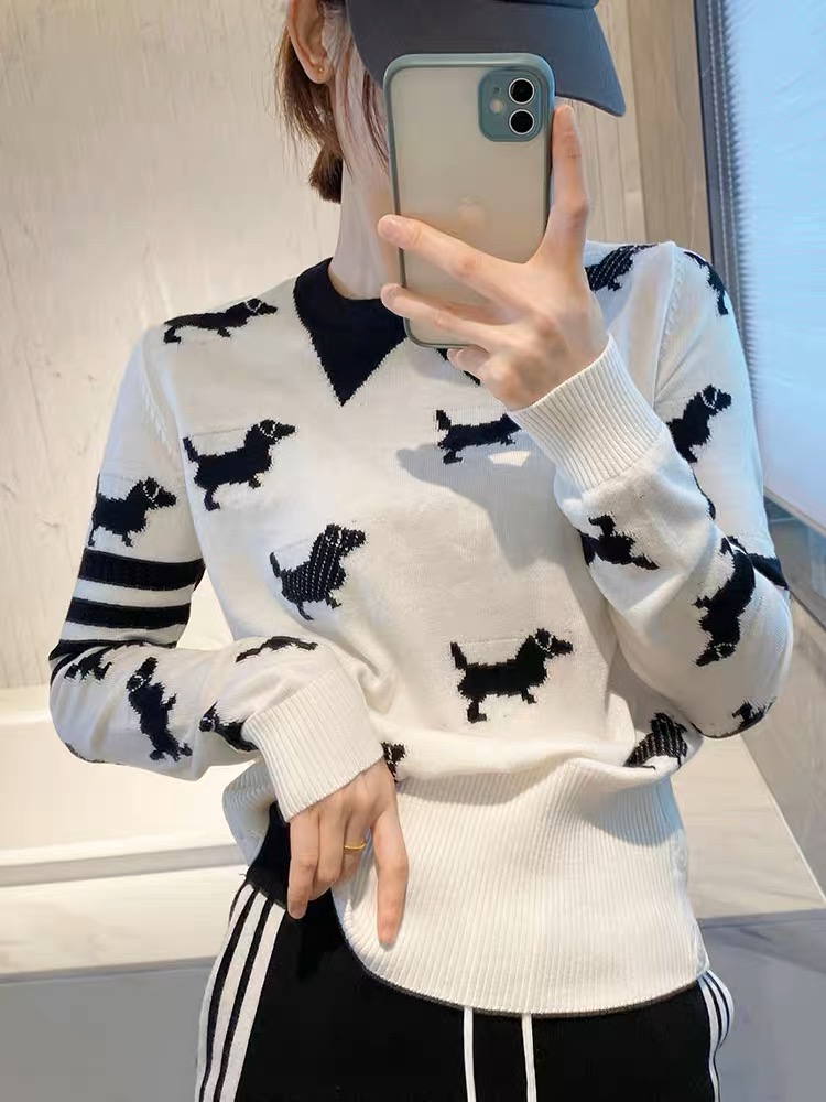 Early autumn chic knitted top women's long-sleeved college style thin puppy jacquard fake lapel fine wool bottoming shirt