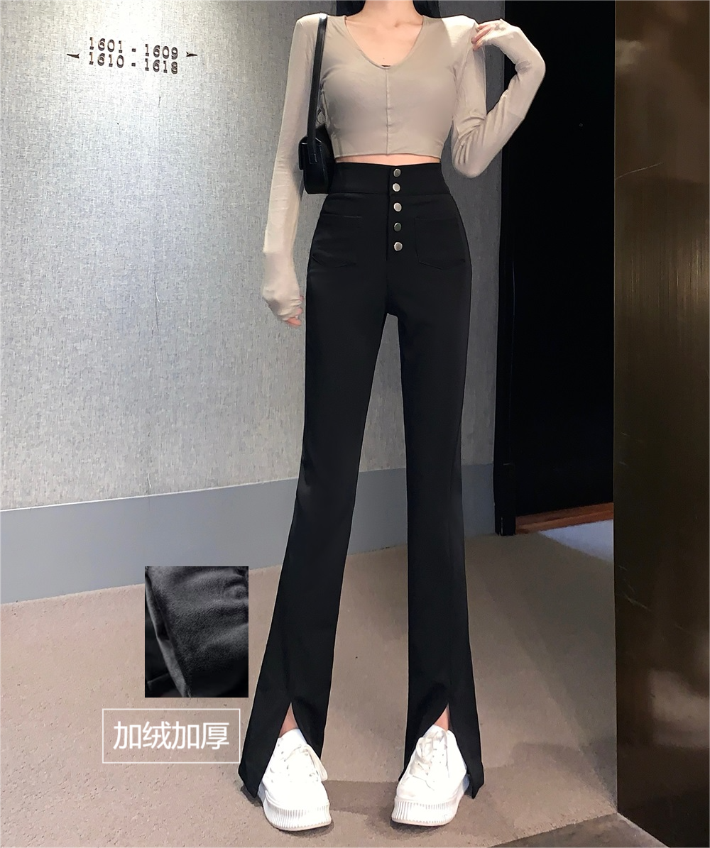 Actual shot~~Velvet thickened retro high-waisted elastic tight-fitting slimming and versatile slit trousers