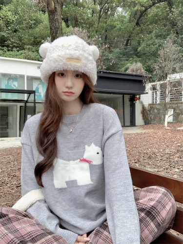 Real shot of autumn and winter new design bow puppy pattern sweater for women round neck loose knitted top