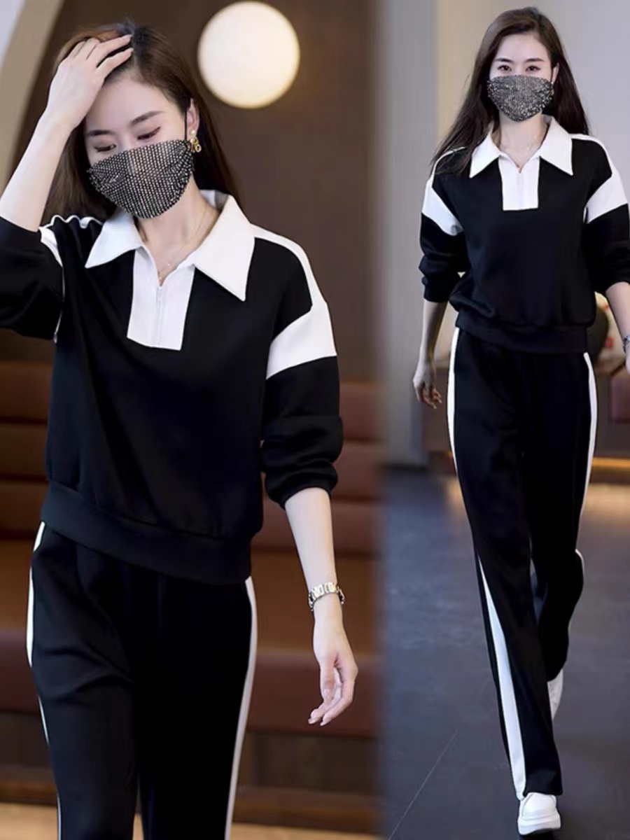 Fashionable casual sportswear suit for women 2023 autumn new style loose and slim knitted wide-leg pants two-piece set