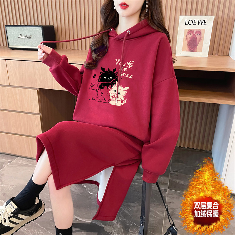 Actual shot of autumn and winter Korean style loose Chinese cotton composite 400g hooded printed over-the-knee dress plus velvet sweatshirt for women