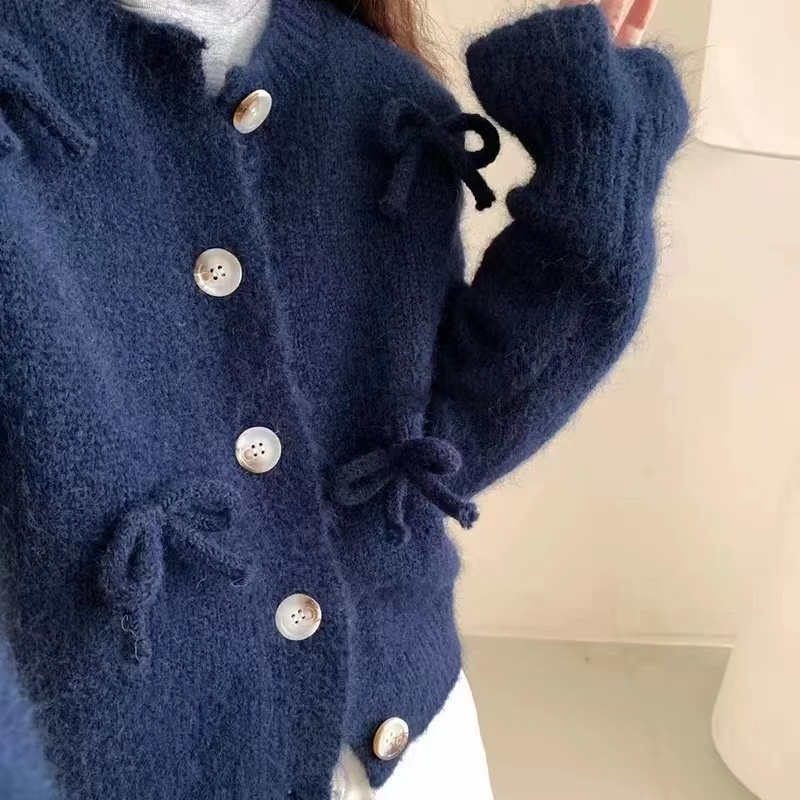 蝴蝶結毛衣女新款氣質高級感軟糯馬海毛小香風減齡針織開衫外套潮