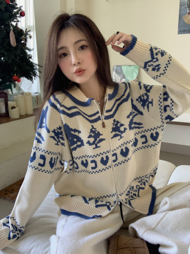 Real shot Thickened retro Christmas tree loose knitted sweater cardigan jacket