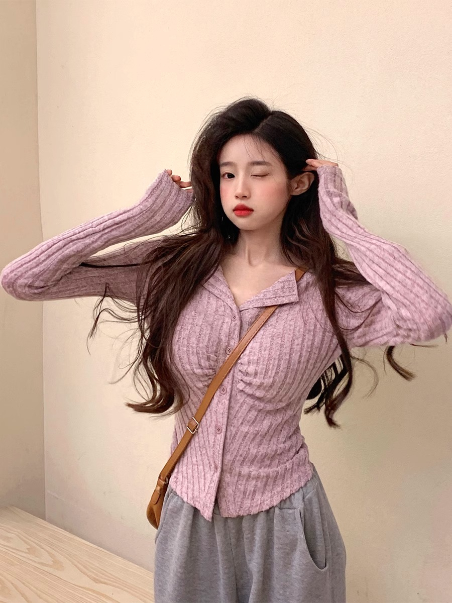 翻領褶皺長袖針織衫女裝秋季辣妹修身設計感別致小衫上衣
