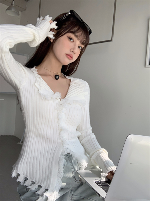 Real shot of pure lust style design raw edge V-neck sweater new slim fit niche chic cardigan top