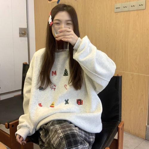 Huamian Shimao Christmas outfit with atmospheric printed red round neck sweatshirt