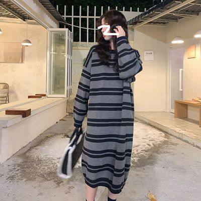 Early autumn sweatshirt dress 2024 new style drapey knitted long-sleeved striped loose slim dress for women
